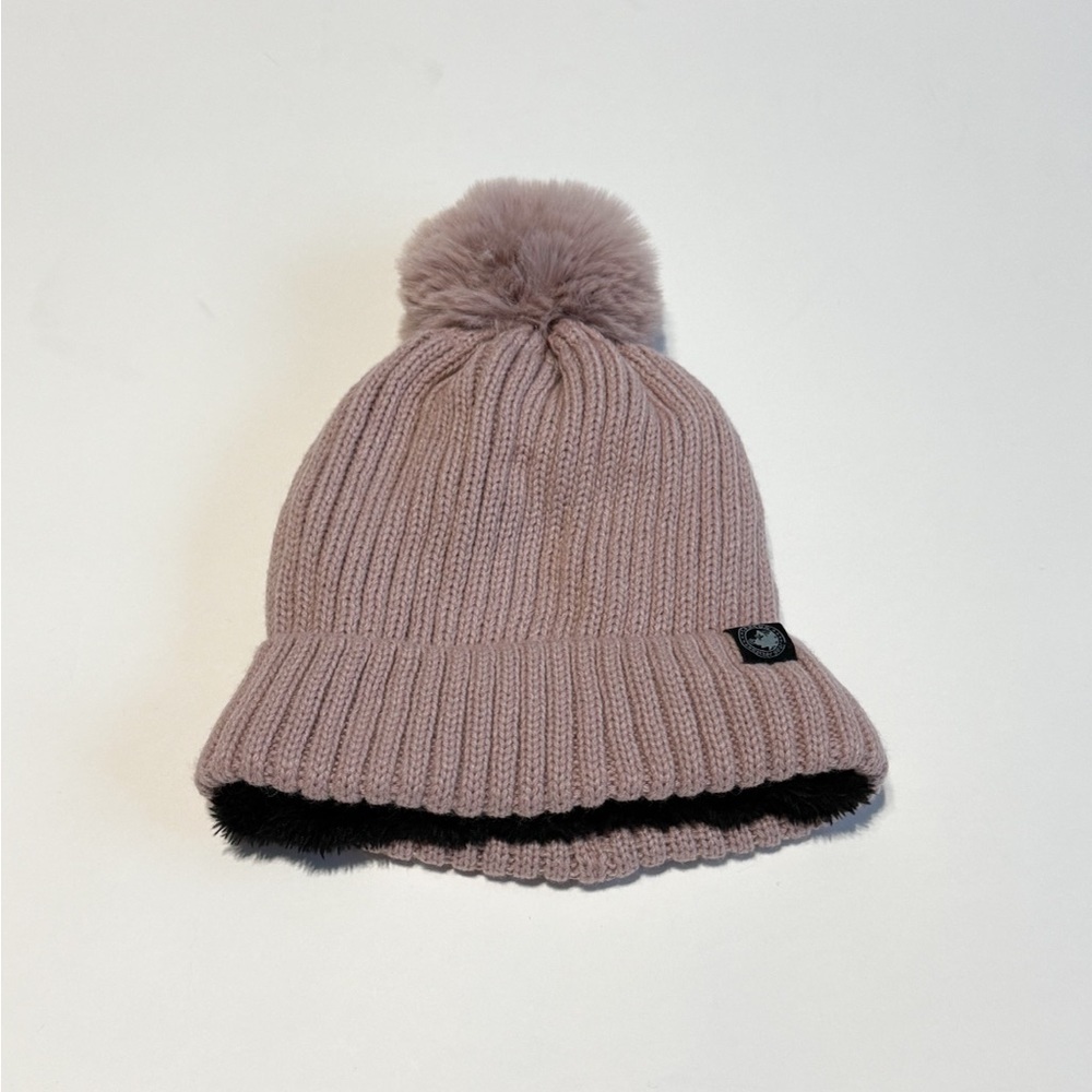 Women's Knit Pom-Pom Beanie Hat in Dusty Pink with Faux Fur Trim